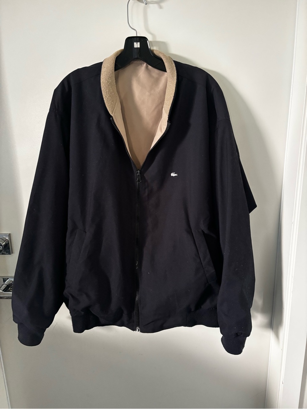 Lacoste Black Bomber Jacket with Cream Collar